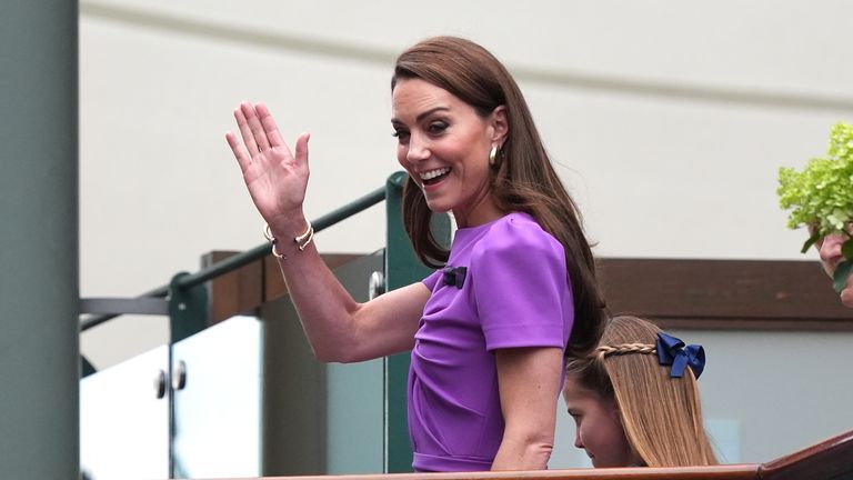 The Princess of Wales acknowledges the crowd as she heads to Centre Court ahead of the Gentlemen's Singles Final on day fourteen of the 2024 Wimbledon Championships at the All England Lawn Tennis and Croquet Club, London. Picture date: Sunday July 14, 2024.