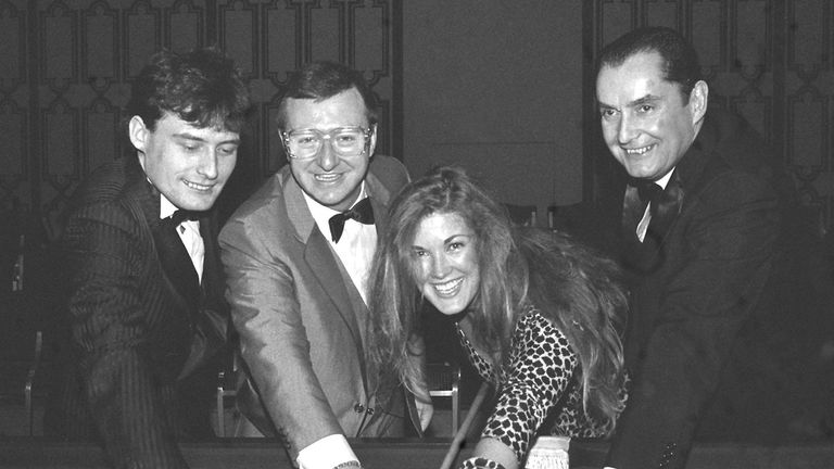 Ray Reardon (right) with Dennis Taylor, Jimmy White and actress Jennifer Guy (left to right). Pic: PA