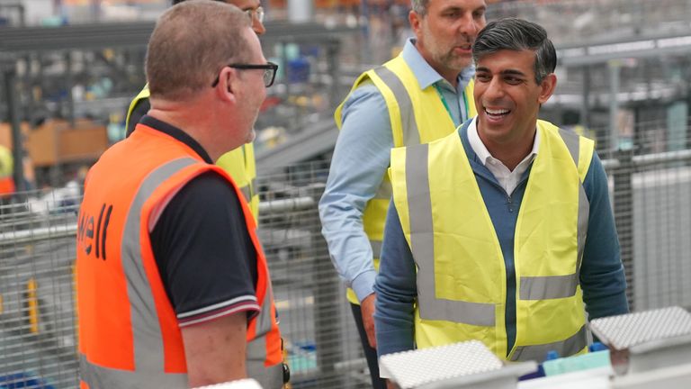 Rishi Sunak talking to staff during a visit to Well Healthcare Supplies a pharmaceutical packing and distribution centre in Stoke-on-Trent.
Pic: PA