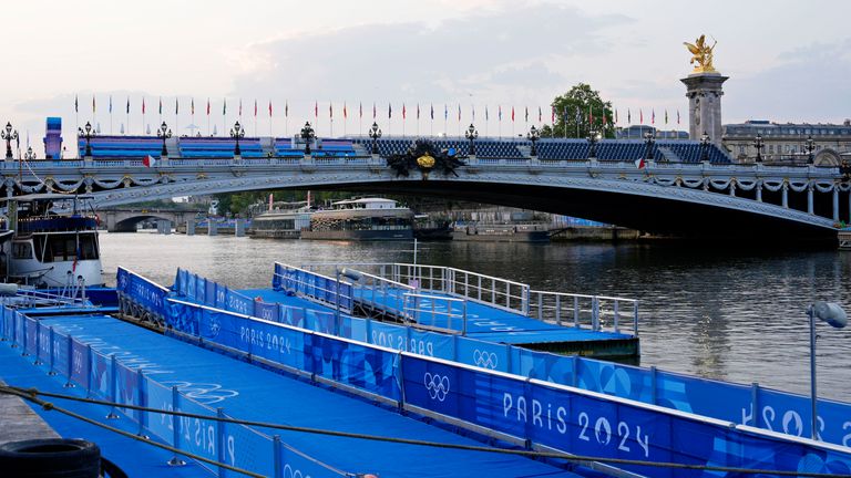 Jul 30, 2024; Paris, France; A general view of the Seine river after the men’s triathlon was postponed during the Paris 2024 Olympic Summer Games at Grand Palais-Pont Alexandre III. Mandatory Credit: Andrew Nelles-USA TODAY Sports