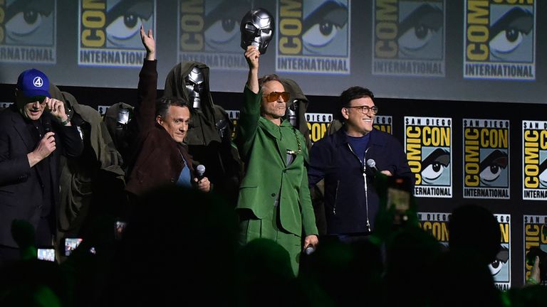 Robert Downey Jr (centre) unveiled as Doctor Doom at Comic-Con International in San Diego on Saturday. Pic: AP