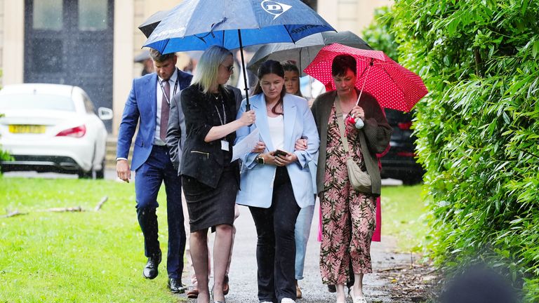 Sharlona Warner (centre), the mother of eight-month-old Zackary Blades walks with Detective Constable Natalie Horner (left) ahead of speaking to the media outside Durham Crown Court, after Darryl Anderson, 38, was sentenced to 17 years and three months after admitting causing the death by dangerous driving of her son and his aunt 30-year-old Karlene Warner, after the Audi Q5 he was driving crashed into the Peugeot 308 being driven by Sharlona Warner between Chester-le-Street and Durham at around 3.15am on Friday May 31. Picture date: Tuesday July 9, 2024. PA Photo. Anderson, of Clarell Walk, Thorpe Hesley, Rotherham, South Yorkshire, admitted two counts of causing death by dangerous driving at a hearing at Durham Crown Court last week. Around 30 devastated family members of the two victims were in court for the hearing. See PA story COURTS Aunt . Photo credit should read: Owen Humphreys/PA Wire