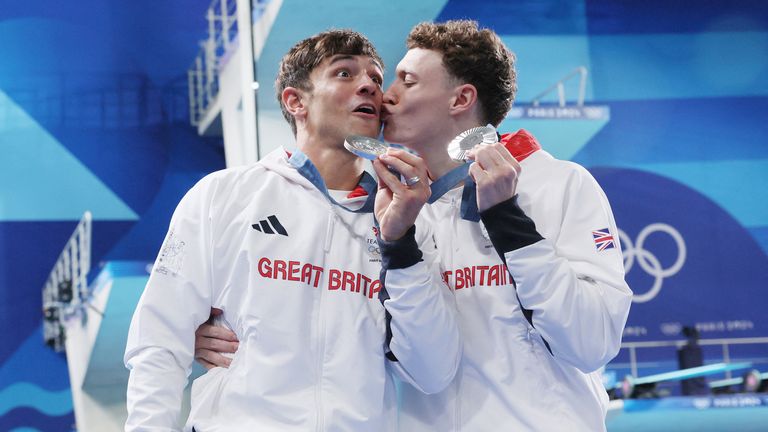 Silver medallists Tom Daley and Noah Williams pose with their medals.
Pic: Reuters