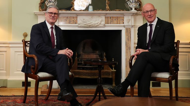 Prime Minister Sir Keir Starmer meeting First Minister of Scotland John Swinney at Bute House, Edinburgh, during the PM's tour of the UK following Labour's victory in the 2024 General Election. Picture date: Sunday July 7, 2024.
