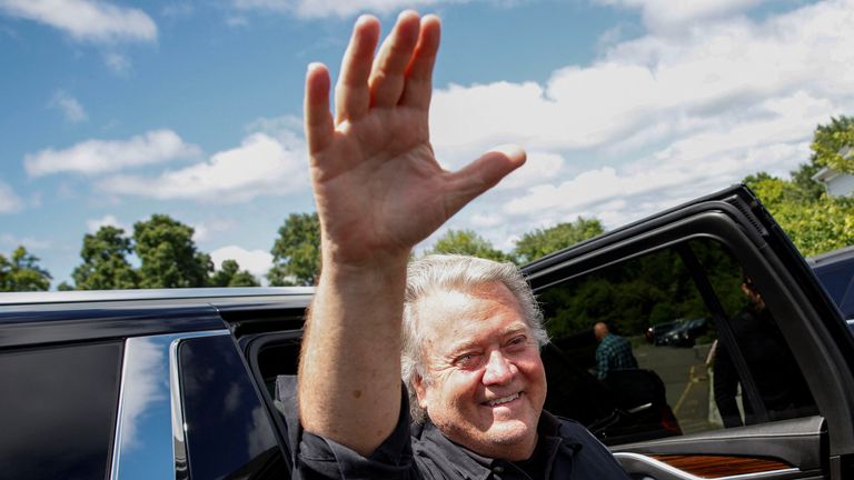 Steve Bannon, former top adviser to Donald Trump, greets supporters as he arrives to speak with media before he reports to prison at the U.S. federal correctional institution in Danbury, Connecticut, U.S., July 1, 2024. REUTERS/Eduardo Munoz