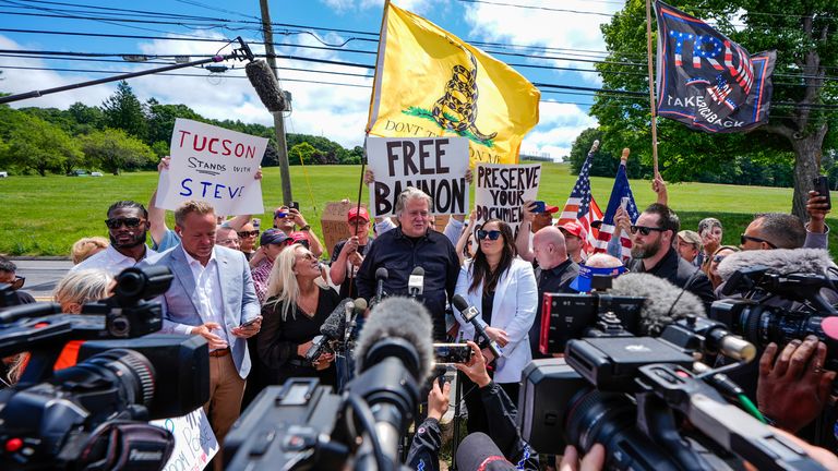 Steve Bannon, center, speaks outside Danbury Federal Correctional Institution, Monday, July 1, 2024, in Danbury, Conn. (AP Photo/Julia Nikhinson)