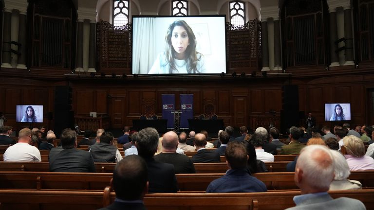 Suella Braverman speaks via video link during the Popular Conservatism post-election event.
Pic: PA