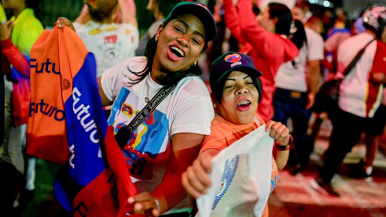 Supporters of Venezuela's President Nicolas Maduro celebrate the results after the presidential election in Caracas,.
Pic: Reuters