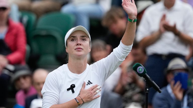 Elina Svitolina wore a black ribbon during her fourth-round match at Wimbledon. Pic: AP