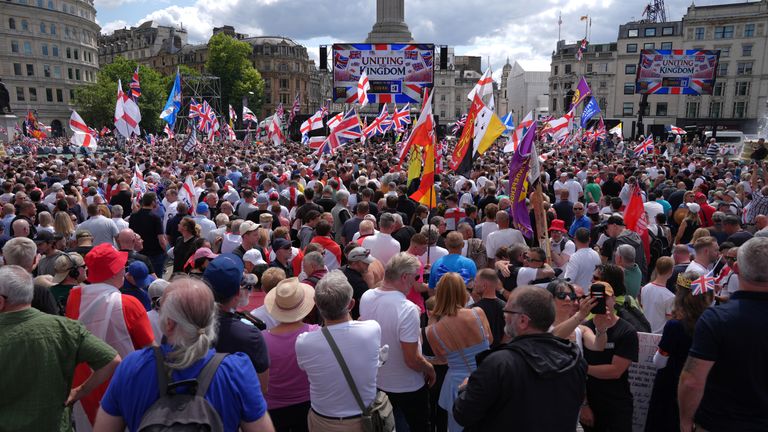 Crowds of Tommy Robinson supporters in Trafalgar Square. Photo: PA