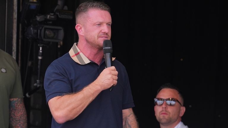 Tommy Robinson addresses crowds in Trafalgar Square. Pic: PA