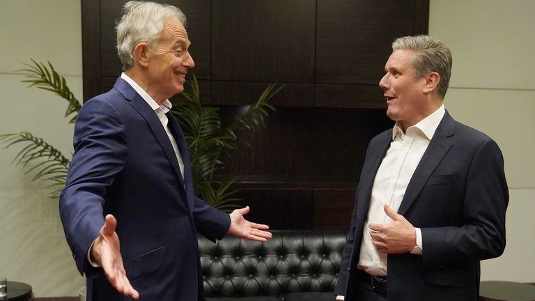 Tony Blair (left) speaks to Labor leader Sir Keir Starmer during the Tony Blair Institute for Global Change's Future of Britain Conference in central London.  Photo date: Tuesday, July 18, 2023.