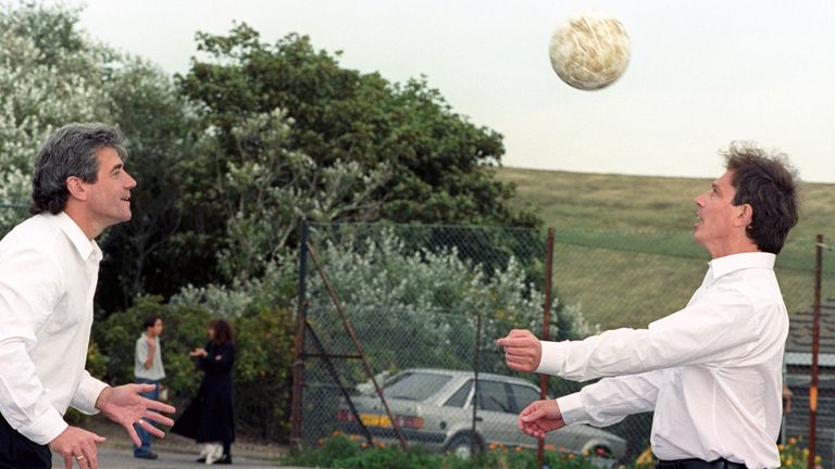 Tony Blair playing keepie uppie with Newcastle United boss Kevin Keegan. Pic: PA