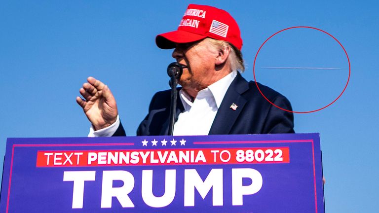 Former President Donald Trump as gunshots are fired at his campaign rally in Butler, Pa., on Saturday, July 13, 2024. Trump was rushed to a hospital after a shooting just minutes into his rally that left one rally attendee and the suspected gunman dead, according to a U.S. official and two people also briefed on the matter. Pic: Doug Mills/The New York Times/Redux/eyevine