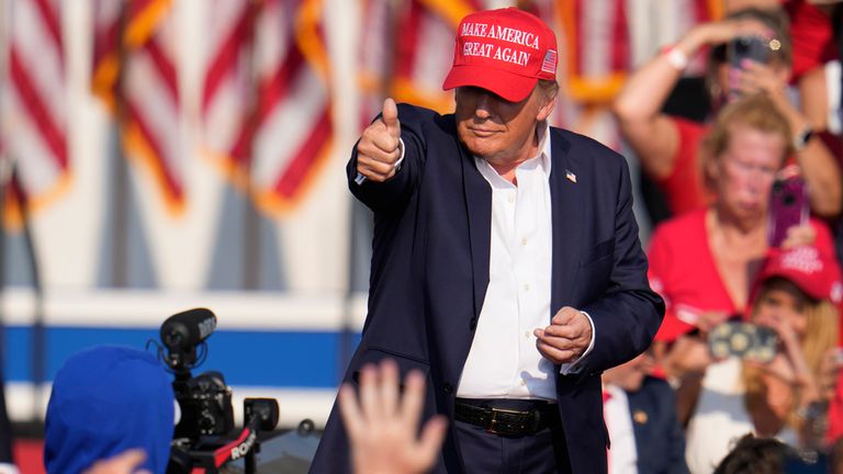 President Donald Trump speaks at an event in Butler, Pennsylvania on Saturday. Pic: AP

Butler, Pennsylvania