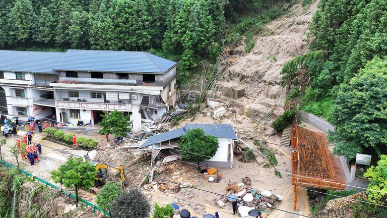 Landslide in Yuelin village, Hengyang city, Hunan province, China on Sunday. Pic: AP