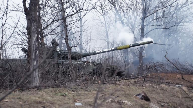 Still from Ed Conway report on Russian gas.  Tank firing during combat in the Ukraine war