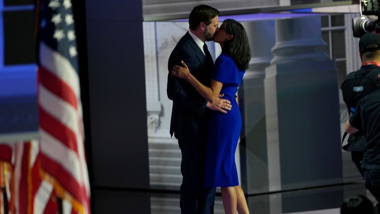 JD Vance kisses his wife Usha after she introduced him at the Republican National Convention Pic: AP
