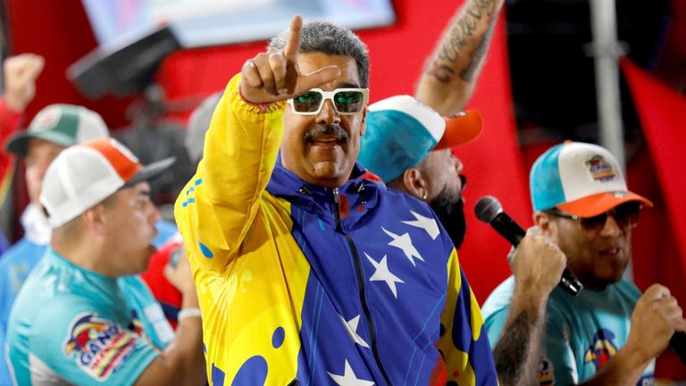 Venezuelan President Nicolas Maduro celebrates after the presidential election in Caracas. Pic: Reuters