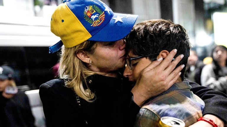 Venezuelan opposition supporters react after the results of the presidential election, outside Venezuela's Embassy in Mexico City, Mexico.
Pic: Reuters