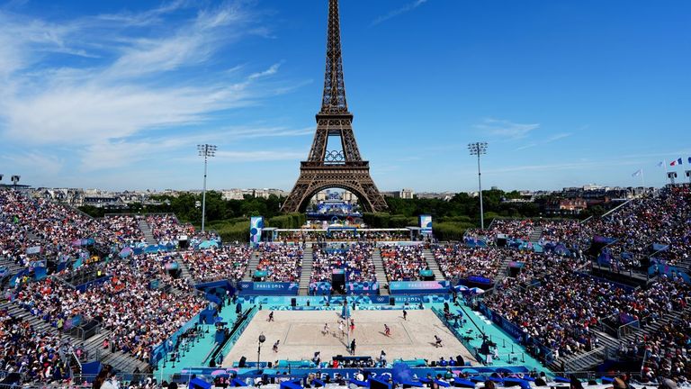 Steven van de Velde and Matthew Immers (right) of the Netherlands in action in pool B of the beach volleyball at the Paris Olympics. Pic: PA