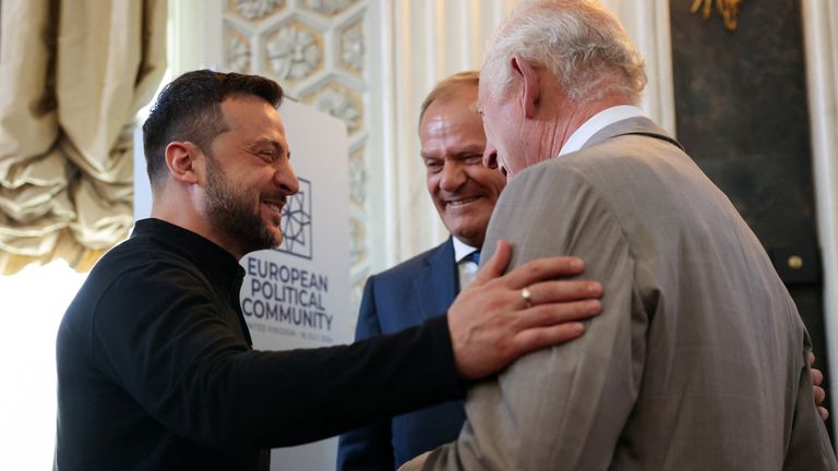 King Charles meets Poland's Prime Minister Donald Tusk and Ukrainian President Volodymyr Zelenskyy.
Pic: Reuters