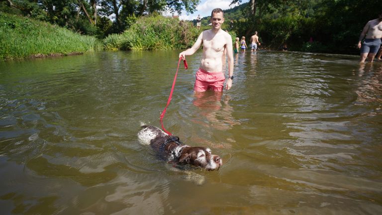 A man cools his dog down at Warleigh Weir on the River Avon in Bath, Somerset. Pic: PA