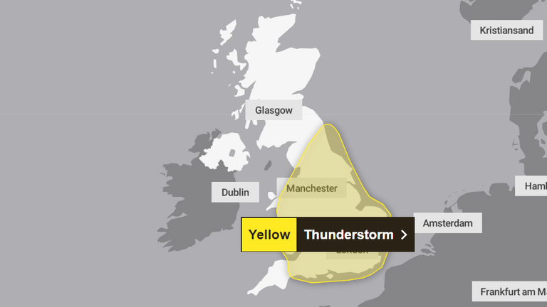 Thursday's yellow weather warning for thunderstorms. Pic: Met Office