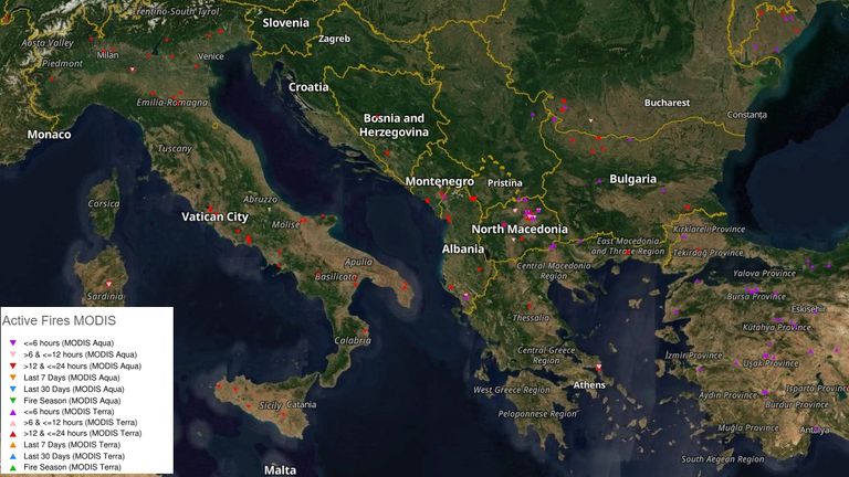 Active fires between 29-30 July. Pic: European Forest Fire Information System (EFFIS)