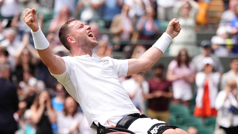 Great Britain's Alfie Hewett celebrates victory against Martin de la Puente (not pictured) in the Gentlemen's Wheelchair Singles Final on day fourteen of the 2024 Wimbledon Championships at the All England Lawn Tennis and Croquet Club, London. Picture date: Sunday July 14, 2024.

