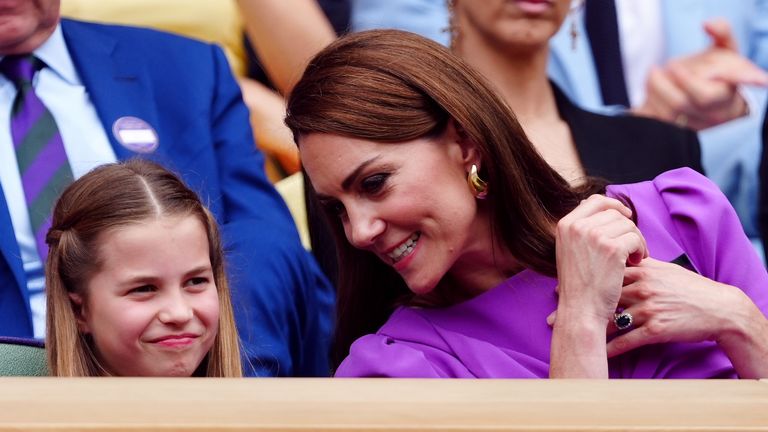 The Princess of Wales and and Princess Charlotte in the royal box on day fourteen of the 2024 Wimbledon Championships at the All England Lawn Tennis and Croquet Club, London. Picture date: Sunday July 14, 2024.

