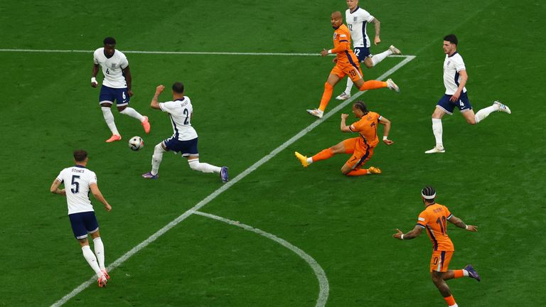 Xavi Simons shoots from outside the box, Pic: Reuters