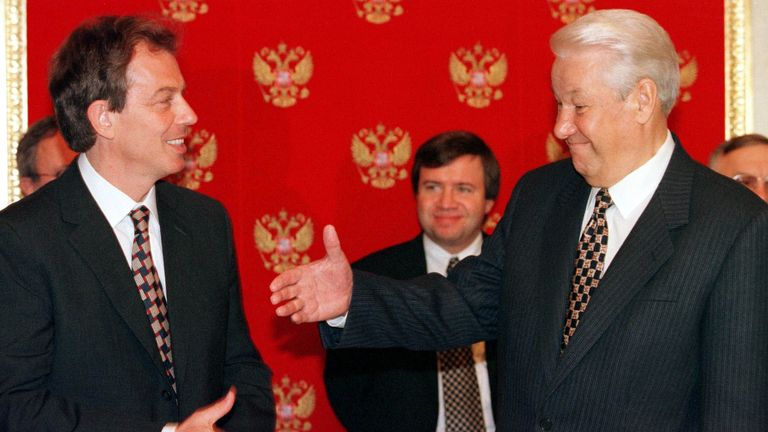 Blair and Yeltsin at the Kremlin in 1997. Pic: Reuters