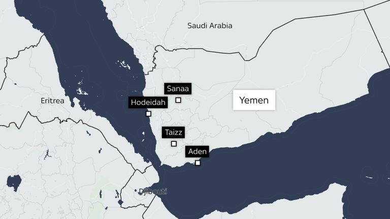 A map showing the Yemeni cities of Hodeidah and Aden