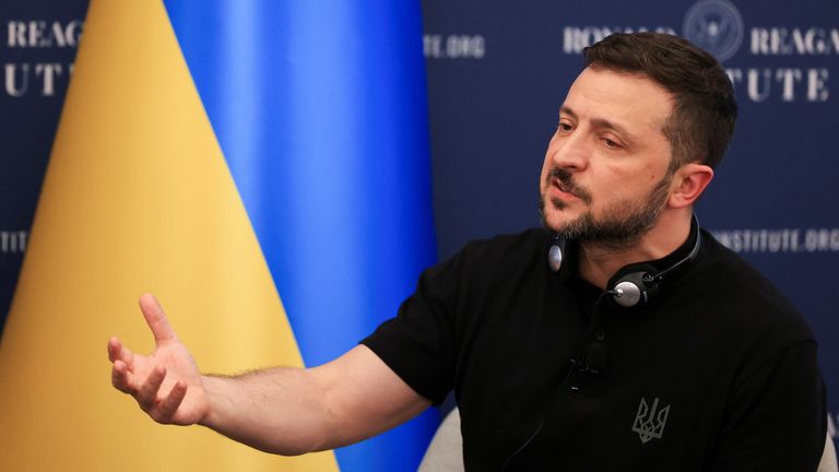 Ukraine's President Volodymyr Zelenskiy delivers remarks at the Ronald Reagan Presidential Foundation and Institute on the sidelines of NATO's 75th anniversary summit in Washington, U.S., July 9, 2024. REUTERS/Kevin Mohatt