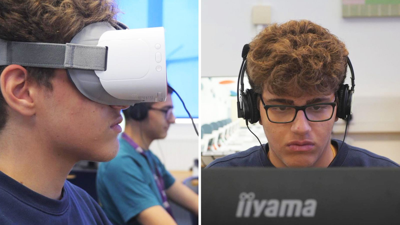 Dos estudiantes utilizando tecnología avanzada en un aula. A la izquierda, uno de los estudiantes lleva puesto un casco de realidad virtual, concentrado en la experiencia inmersiva. A la derecha, otro estudiante está frente a un ordenador con auriculares, aparentemente trabajando en un entorno digital. Ambos reflejan la integración de la tecnología, como la realidad virtual y la inteligencia artificial, en el proceso educativo moderno.