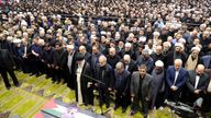 Iran's Supreme Leader Ayatollah Ali Khamenei performs a prayer at the funeral of Ismail Haniyeh.
Pic: WANA /Reuters
 