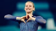 Bryony Page celebrates winning a gold medal following the trampoline gymnastics, women's final.
Pic: PA