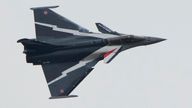 FILE - The Dassault Rafale jet performs a demonstration flight during the Paris Air Show in Le Bourget, north of Paris, France, Monday, June 19, 2023. Two fighter jet pilots were killed Wednesday Aug.14, 2024 after their Rafale warplane collided with another and crashed in northeastern France, according to the French military. The pilot of the other jet ejected and suffered minor injuries. (AP Photo/Lewis Joly, File)