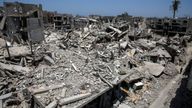 Palestinian houses destroyed during the Israeli military offensive lie in ruins, amid Israel-Hamas conflict, in Khan Younis in the southern Gaza Strip July 10, 2024. REUTERS/Hatem Khaled