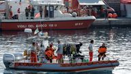 A rescue boat with rescue personnel on board resumes search operations for British tech entrepreneur Mike Lynch's daughter Hannah Lynch, at the scene where a luxury yacht sank, off the coast of Porticello, near the Sicilian city of Palermo, Italy, August 23, 2024. Pic: Reuters 