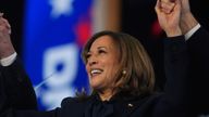 Democratic presidential nominee Vice President Kamala Harris celebrates with her families as the balloons fall during the final day of during the Democratic National Convention Thursday, Aug. 22, 2024, in Chicago. (AP Photo/Erin Hooley)