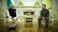 Indian Prime Minister Narendra Modi, left, meeting with Ukrainian President Volodymyr Zelenskyy in Kyiv, Ukraine, Friday, Aug. 23, 2024. (Ukrainian Presidential Press Office via AP)