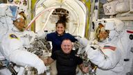 FILE - In this photo provided by NASA, Boeing Crew Flight Test astronauts Suni Williams and Butch Wilmore, center, pose with Expedition 71 Flight Engineers Mike Barratt, left, and Tracy Dyson, aboard the International Space Station's Quest airlock on June 24, 2024. (NASA via AP, File)