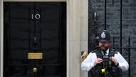 A police officer stands outside 10 Downing Street on the day British Prime Minister Keir Starmer holds an emergency Cobra meeting..
Pic: Reuters