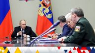 Vladimir Putin chairs a meeting with security officials after Ukraine's invasion of the Kursk region. Pic: Reuters
