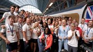 Members of Team GB arrive by Eurostar into London St. Pancras International train station after competing at the 2024 Paris Olympic Games in France. Picture date: Monday August 12, 2024. PA Photo. Photo credit should read: Jordan Pettitt/PA Wire...RESTRICTIONS: Use subject to restrictions. Editorial use only, no commercial use without prior consent from rights holder.