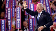 U.S. Democratic vice presidential nominee Minnesota Governor Tim Walz takes the stage on Day 3 of the Democratic National Convention (DNC) at the United Center, in Chicago, Illinois, U.S., August 21, 2024. REUTERS/Brendan Mcdermid