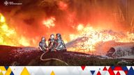 Firefighters tackle a blaze at an infrastructure facility hit by a Russian drone strike in Ternopil region, Ukraine. Pic: Press service of the State Emergency Service of Ukraine via Reuters