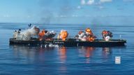 This frame grab from video released by the Ansar Allah Media Office, the media arm of Yemen's Houthi rebels, on Thursday, Aug. 29, 2024, shows explosions striking the Greek-flagged oil tanker Sounion in the Red Sea after Yemen's Houthi rebels boarded and set explosives on the  tanker, which was earlier abandoned after the Houthis repeatedly attacked it, setting off blasts that put the Red Sea at risk of a major oil spill. The logo in the bottom righthand corner of the image reads in Arabic: "Yemeni War Media." (Ansar Allah Media Office via AP)